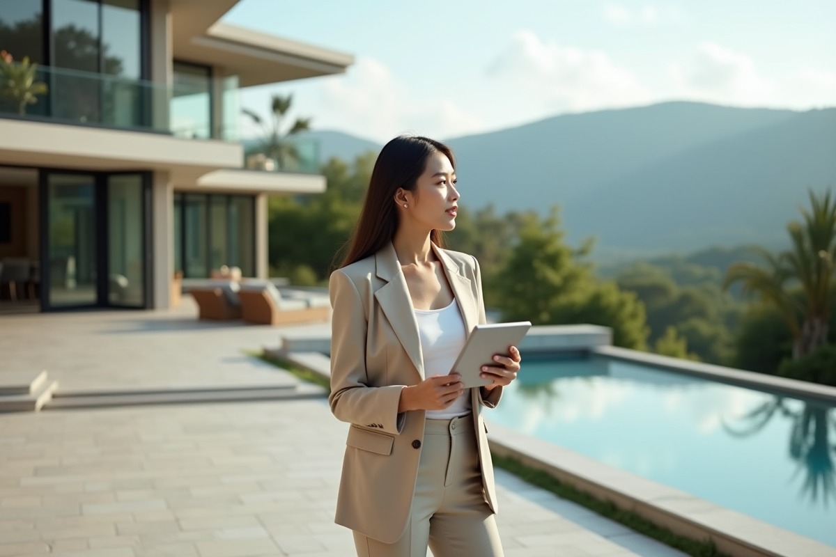 Jeune femme professionnelle sur terrasse de villa moderne