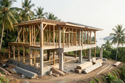 Villa en construction sur les hauteurs de Koh Samui avec vue sur la mer et palmiers environnants