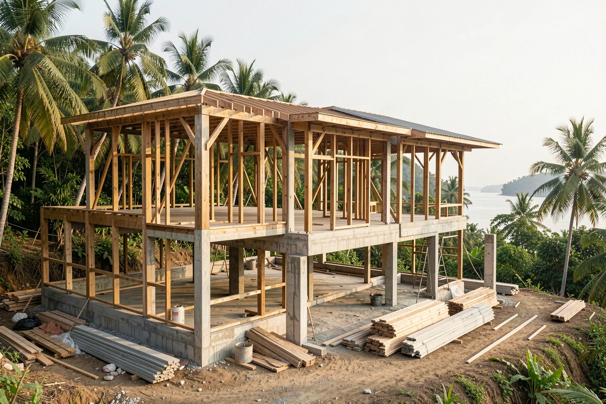 Villa en construction sur les hauteurs de Koh Samui avec vue sur la mer et palmiers environnants
