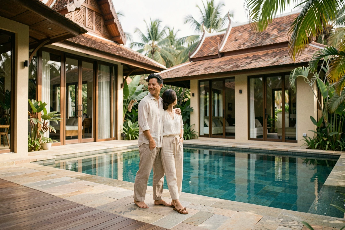 Couple devant une villa moderne avec piscine à débordement à Koh Samui prête à l'achat