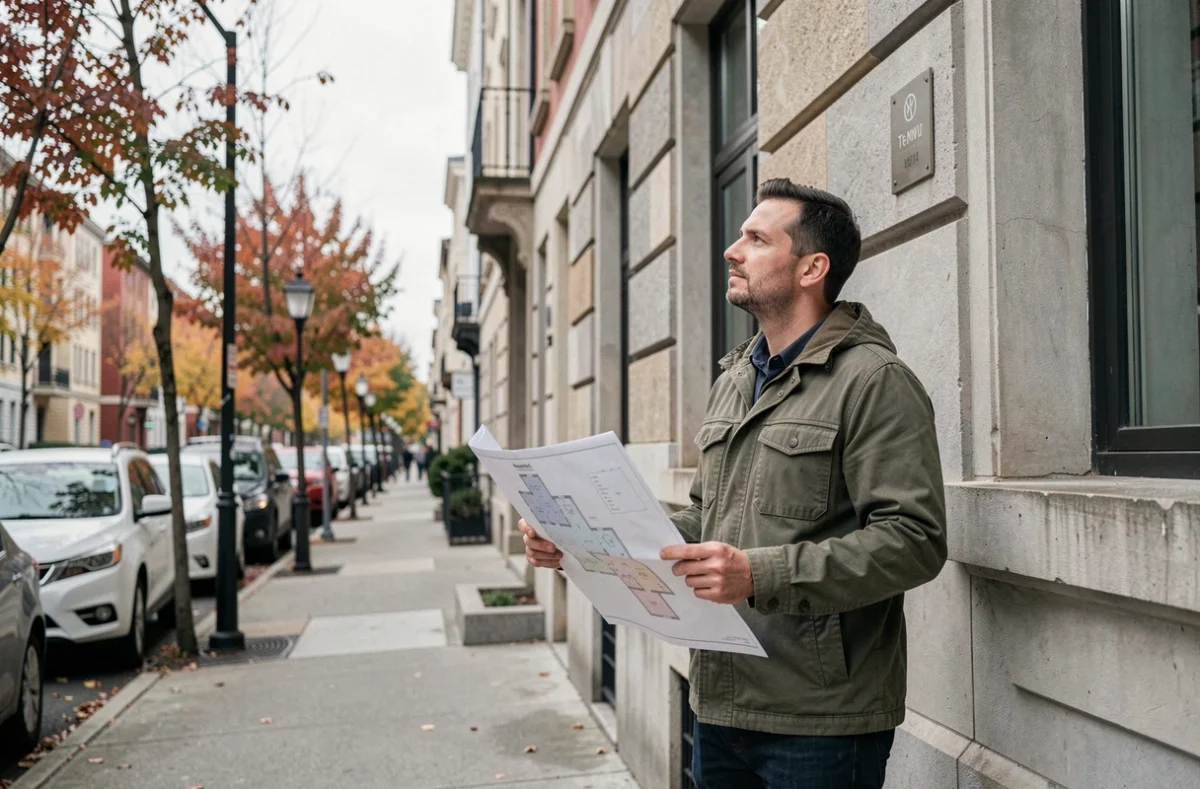 Homme évaluant un appartement à acheter dans un quartier accessible avec un petit budget