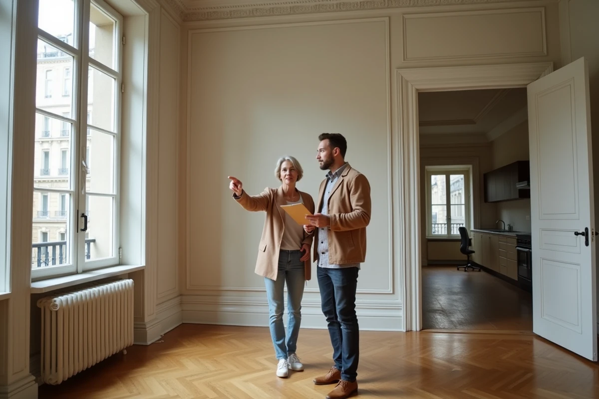 Couple visitant un appartement parisien avec parquet en point de Hongrie et hauts plafonds moulurés