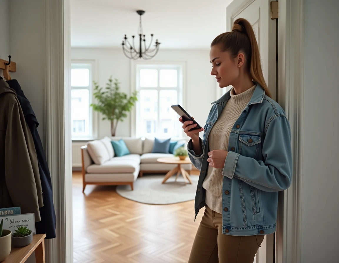 Voyageuse satisfaite découvrant un appartement Airbnb impeccablement propre à son arrivée